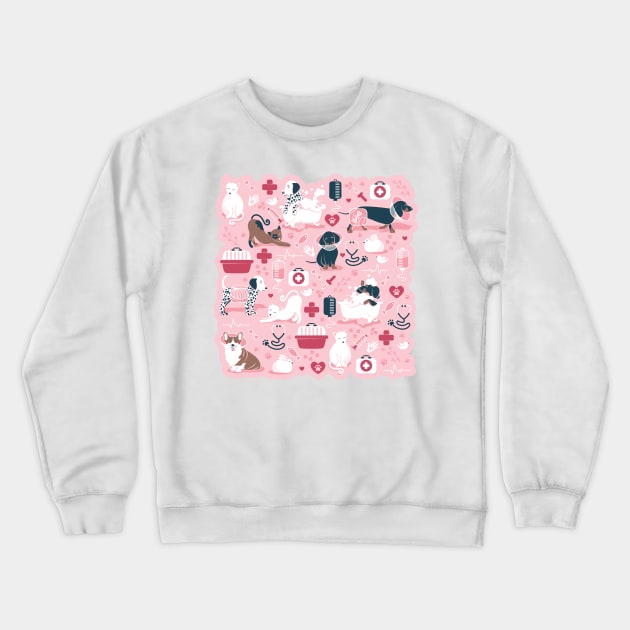 Veterinary medicine, happy and healthy friends // pastel pink background red details navy blue white and brown cats dogs and other animals Crewneck Sweatshirt by SelmaCardoso